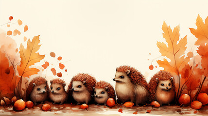 a group of cartoon hedgehogs family runs through the autumn forest a dynamic scene of leaf fall