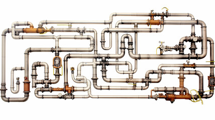 isolated on a white background is a wall with pipes, a water supply system, a complex supply system, a gas pipeline, a fuel pipeline, valves and switches