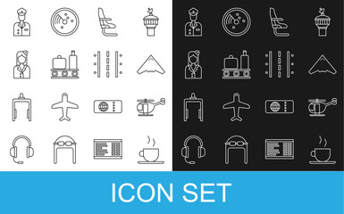 Set line Coffee cup, Helicopter, Jet fighter, Airplane seat, Airport conveyor belt with suitcase, Stewardess, Pilot and runway icon. Vector