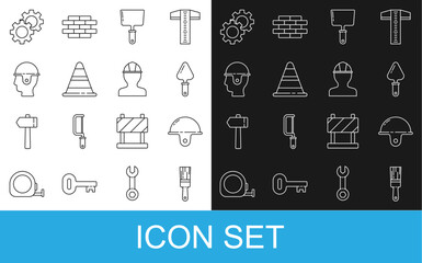 Set line Paint brush, Worker safety helmet, Trowel, Putty knife, Traffic cone, Gear and icon. Vector