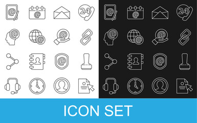 Set line Document and cursor, Stamp, Chain link, Envelope, Earth globe with mail, Mail e-mail, and hand icon. Vector
