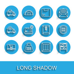 Set line Shopping cart on laptop, Weight, Delivery truck with check mark, Wooden box, Warehouse, Scale cardboard, security shield and Envelope icon. Vector