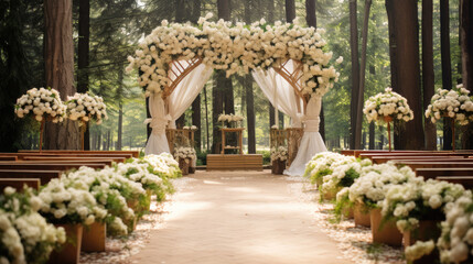 Beautiful place made with wooden square and floral decorations for outside wedding ceremony in wood