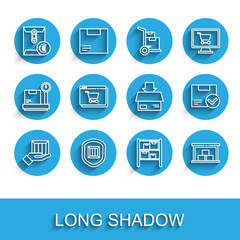 Set line Delivery hand with boxes, security shield, Envelope euro symbol, Warehouse, Online shopping on screen, Package check mark and Carton cardboard icon. Vector