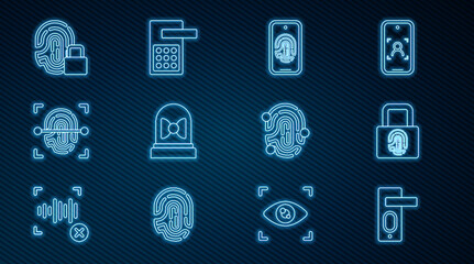 Set line Fingerprint door lock, with, Mobile fingerprint scan, Motion sensor, and Digital icon. Vector