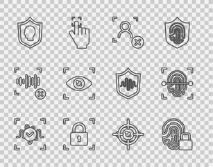 Set line Voice recognition, Fingerprint with lock, Rejection face, User protection, Eye scan, and icon. Vector