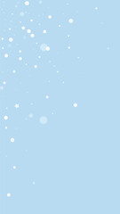 Fototapeta premium Magic falling snow christmas background. Subtle flying snow flakes and stars on light blue winter backdrop. Magic falling snow holiday scenery. Vertical vector illustration.
