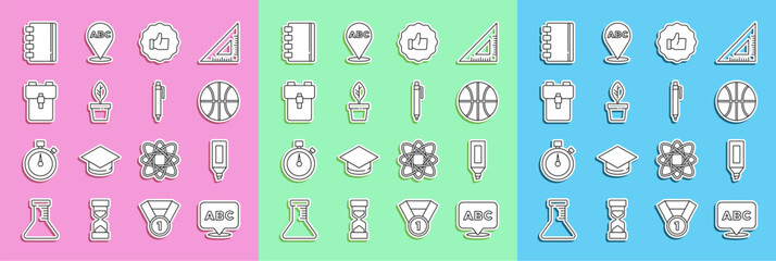 Set line Alphabet, Marker pen, Basketball ball, Hand thumb up, Plant in pot, School backpack, Spiral notebook and Pen icon. Vector