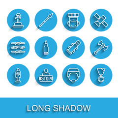 Set line Human target sport for shooting, Stop war, Soldier grave, Military helmet, reward medal, Bullet, War axe and Rocket icon. Vector