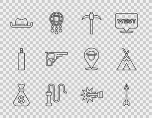 Set line Money bag, Crossed arrows, Pickaxe, Leather whip, Western cowboy hat, Revolver gun, Spur and Indian teepee or wigwam icon. Vector