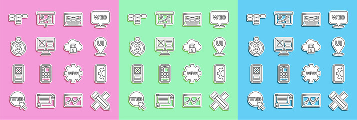 Set line Crossed ruler and pencil, Web development, UI or UX design, Time is money, Site map and Cloud computing lock icon. Vector