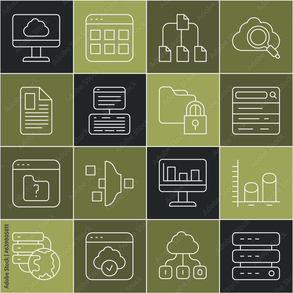 Poster set line server, data, web hosting, analysis, search engine, folder tree, file document, cloud techn