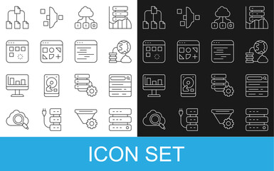 Set line Server, Data, Web Hosting, Search engine, Network cloud connection, Cloud technology data transfer, Different files, Loading window, Folder tree and Software icon. Vector