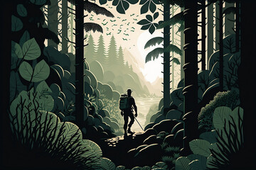 Illustration featuring a man hiking through a dense forest