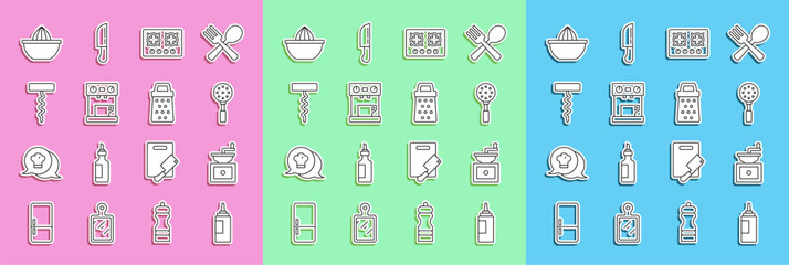 Set line Sauce bottle, Manual coffee grinder, Spatula, Gas stove, Coffee machine, Wine corkscrew, Citrus fruit juicer and Grater icon. Vector