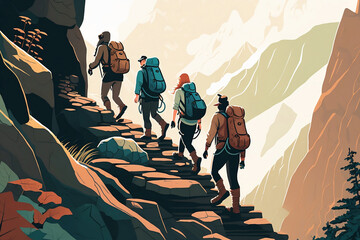 illustration featuring a group of friends hiking up a majestic mountain