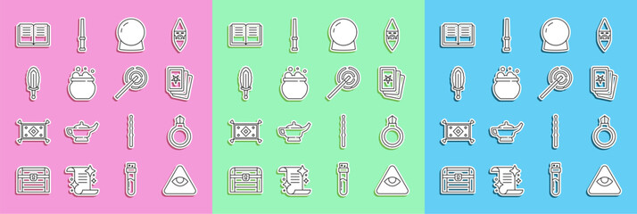 Set line Masons, Magic stone ring with gem, Three tarot cards, ball, Witch cauldron, sword fire, Ancient magic book and wand icon. Vector