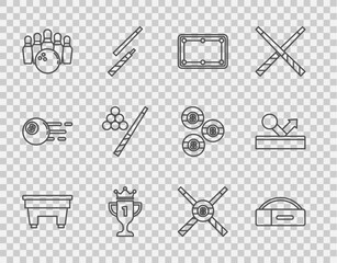 Set line Billiard table, Case for billiard cue, Award cup, Bowling pin and ball, Crossed cues and icon. Vector