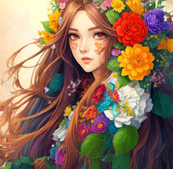 Naklejka premium Portrait of a woman with long flowing hair decorated with colorful flowers.