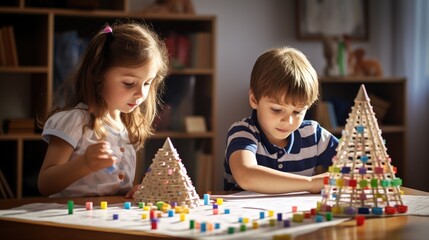 A little boy and a little girl studying maths - obrazy, fototapety, plakaty
