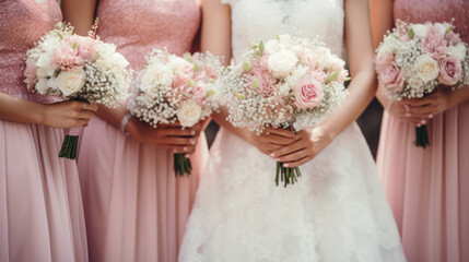 Bridesmaids in pink dresses and bride holding beautiful bouquets. Beautiful luxury wedding blog concept. Summer wedding.