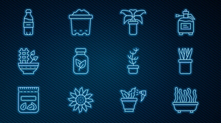Set line Plant in pot, Exotic tropical plant, Fertilizer bottle, Bottle of water, and Pot with soil icon. Vector