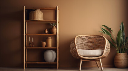 Barrel and wicker chair against cream color wall with shelving unit. Scandinavian style interior design of modern living room.