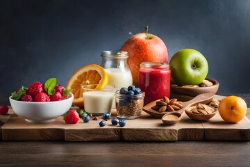 Selection of healthy food. Superfoods, various fruits and assorted berries, nuts and seeds. 