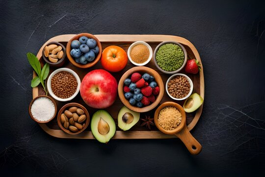 Selection of healthy food. Superfoods, various fruits and assorted berries, nuts and seeds. 