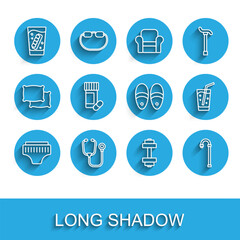 Set line Adult diaper, Stethoscope, False jaw in glass, Dumbbell, Walking stick cane, Medicine bottle and pills, Glass with water and Slippers icon. Vector