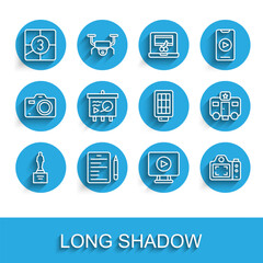 Set line Movie trophy, Scenario, Old film movie countdown frame, Online play video, Photo camera, on chalkboard, Actor trailer and Softbox light icon. Vector