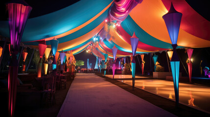 Colorful wedding tents at night. Wedding day.
