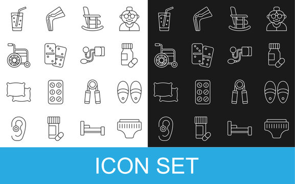 Set line Adult diaper, Slippers, Medicine bottle and pills, Rocking chair, Domino, Wheelchair, Glass with water and Blood pressure icon. Vector
