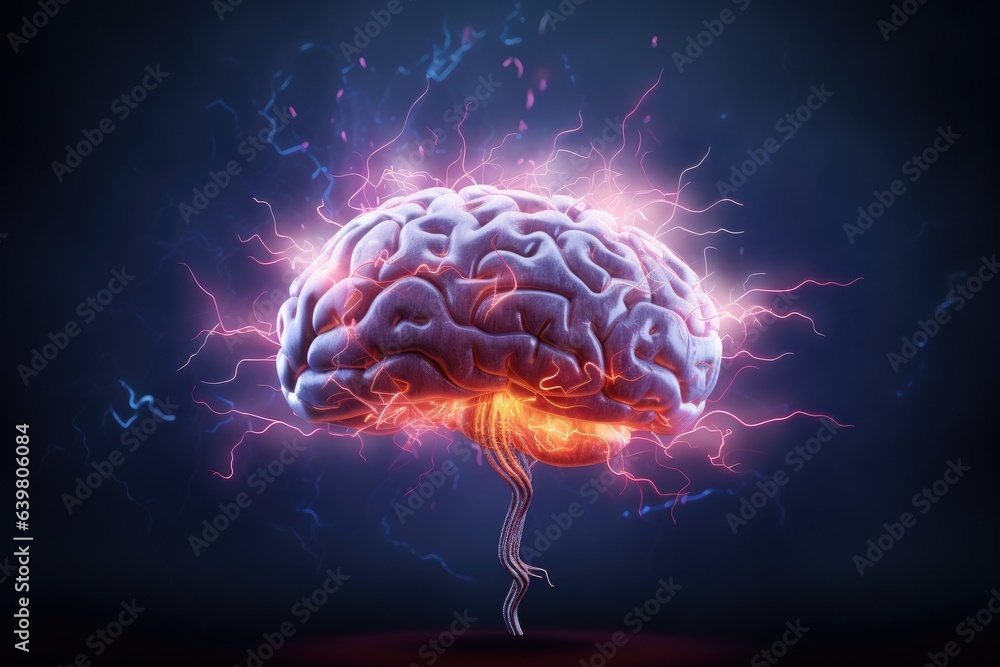 Poster human brain with lightning on dark background. 3d rendering. brainstorming concept. 3d illustration 