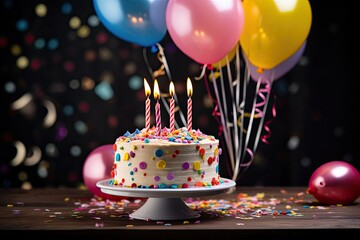 Birthday cake with candles and balloons on wooden table against blurred background, Birthday cake with colorful balloons, confetti and confetti on the table, AI Generated