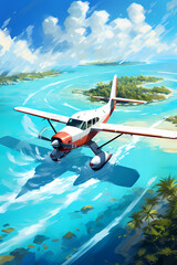 Illustration of an airplane flying over the islands in the ocean