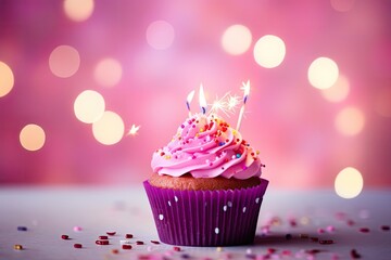 Birthday cupcake with burning candle on bokeh lights background, Birthday cupcake with candles on pink background with bokeh, AI Generated