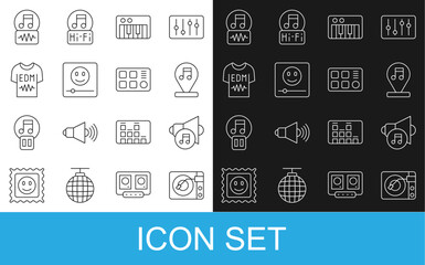 Set line Vinyl player with vinyl disk, Speaker volume, Music note, tone, synthesizer, T-shirt, and Drum machine icon. Vector