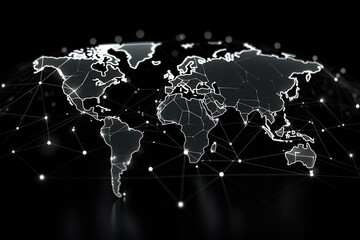 Global network connection on black background. 3d rendering toned image, Black and white global network connection on a curved world map hologram, AI Generated