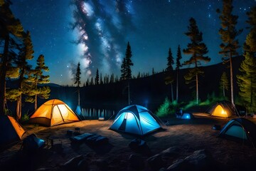 a campsite deep in the wilderness, illuminated by a brilliant starry sky, showcasing the serenity and magic of spending nights in nature