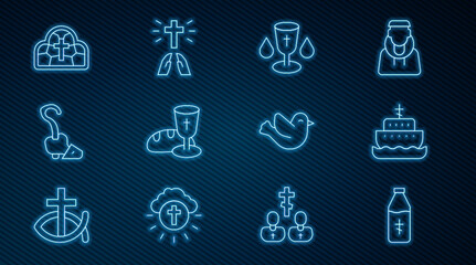 Set line Holy water bottle, Ark of noah, Christian chalice, Goblet and bread, Magic staff, Stained glass, Dove and Hands praying position icon. Vector