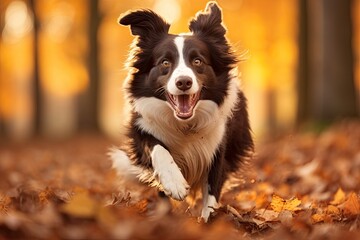 Portrait of border collie dog living in belgium. Border collie dog running in the autumn meadow. Pet animals, AI Generated