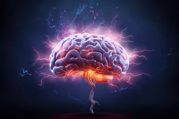 Muurstickers Human brain with lightning on dark background. 3D Rendering. Brainstorming concept. 3D illustration of human brain with lightning, AI Generated © Ifti Digital
