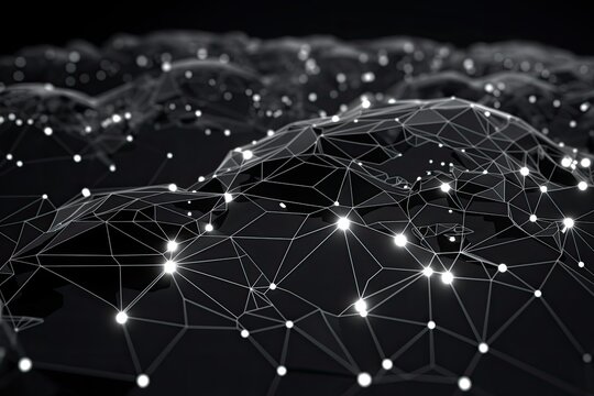 Abstract 3d rendering of global network connection on dark background. Futuristic technology style. Black and white global network connection on a curved world map hologram, AI Generated