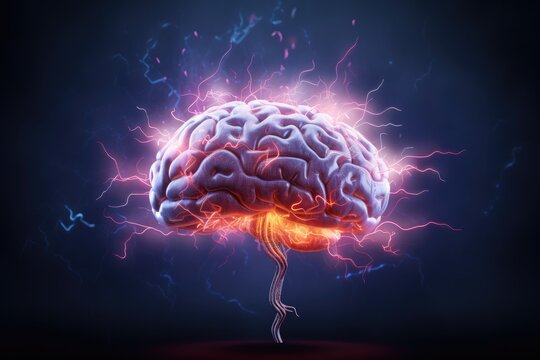 Human brain with lightning on dark background. 3D Rendering. Brainstorming concept. 3D illustration of human brain with lightning, AI Generated