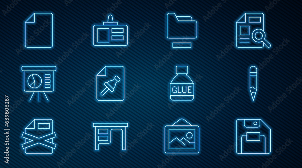 Poster set line floppy disk, pencil, document folder, note paper with push button, board graph, file docume