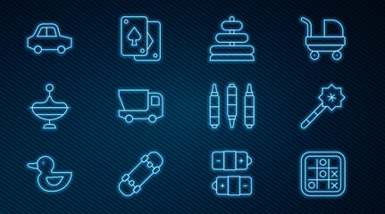 Set line Tic tac toe game, Magic wand, Pyramid toy, Toy truck, Whirligig, car, Marker pen and Playing cards icon. Vector