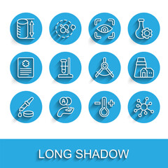 Set line Pipette, Atom, Height geometrical figure, Thermometer, Molecule, Test tube flask on stand, Power station plant and Drawing compass icon. Vector