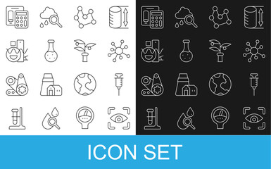 Set line Eye scan, Syringe, Molecule, Chemical formula, Test tube, Basic geometric shapes, Calculator and Plant breeding icon. Vector