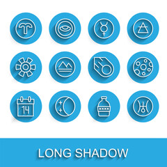 Set line Calendar, Eclipse of the sun, Aries zodiac, Bottle water, Symbol Uranus, Earth element, Full moon and Comet icon. Vector